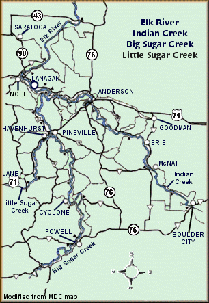 Indian Creek, Elk River, Big Sugar and Little Sugar map courtesy MDC