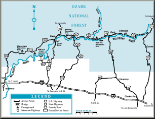 Mulberry River map courtesy of the Arkansas Department of Parks and Tourism and the Arkansas Paddlers' Guide