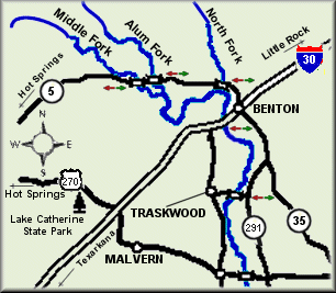 Saline Forks River map courtesy of the Arkansas Department of Parks and Tourism and the Arkansas Paddlers' Guide